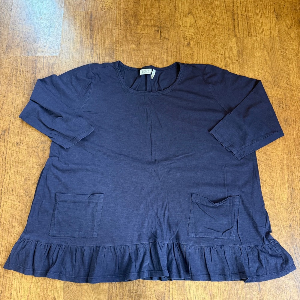Lori Goldstein LOGO Tunic Womens XL Navy Blue Peplum Ruffle Pocket A284921 Top